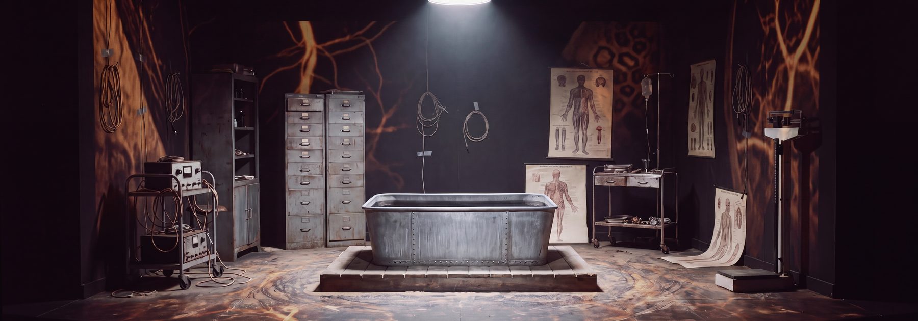 Estudo de cena: laboratório de anatomia com banheira de metal ao centro do palco