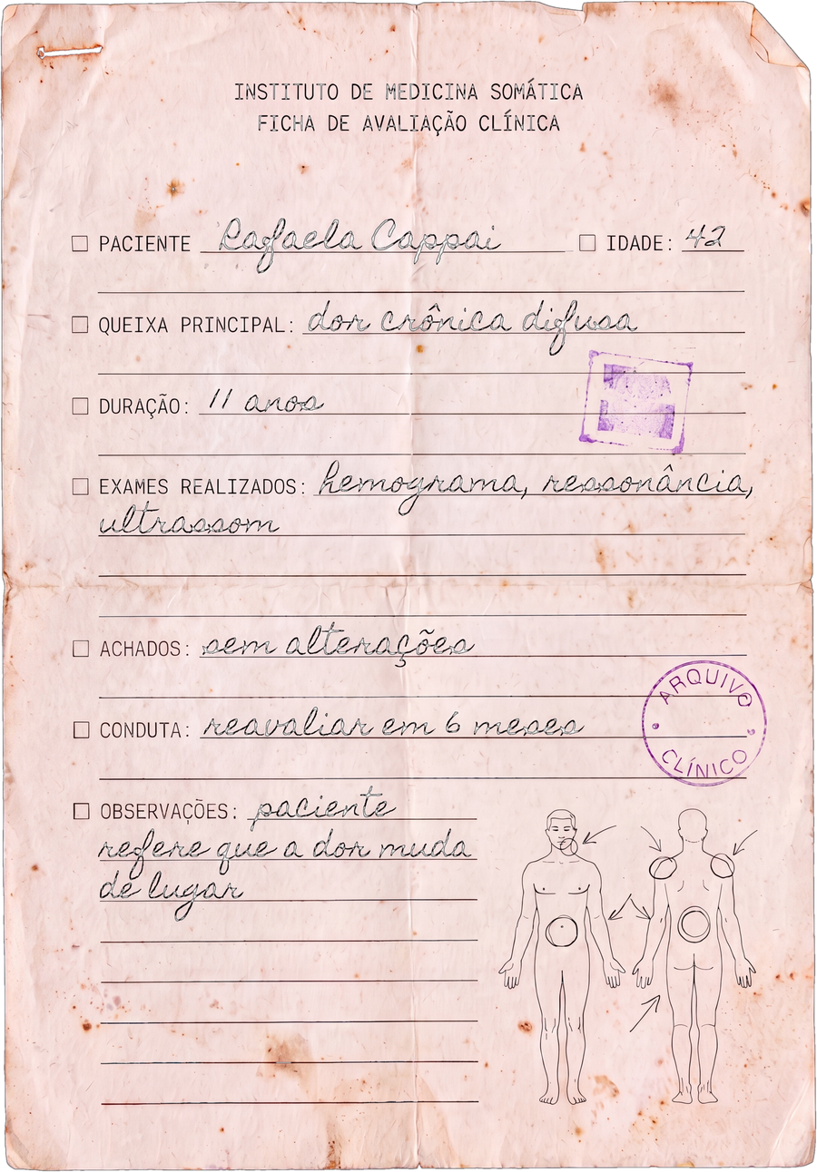 Ficha médica cenográfica da personagem, com o nome de Rafaela Cappai